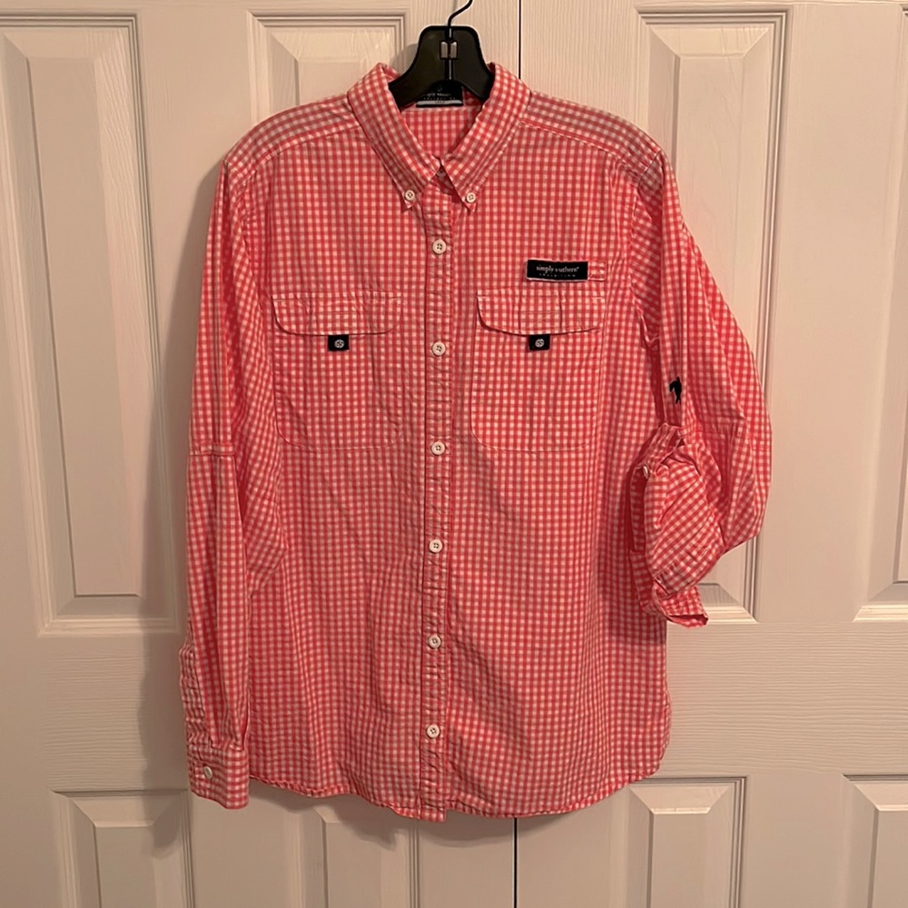 Simply Southern Large Pink & White Button Down Shirt